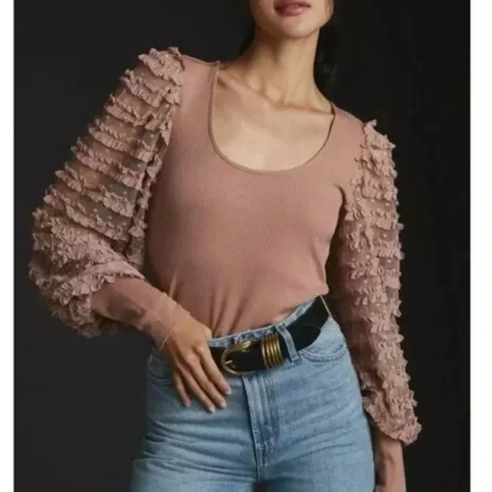 Anthropologie NEW Dolan Dusty Rose Ruffle Puff Sleeve Top SZ Large Coquette Boho